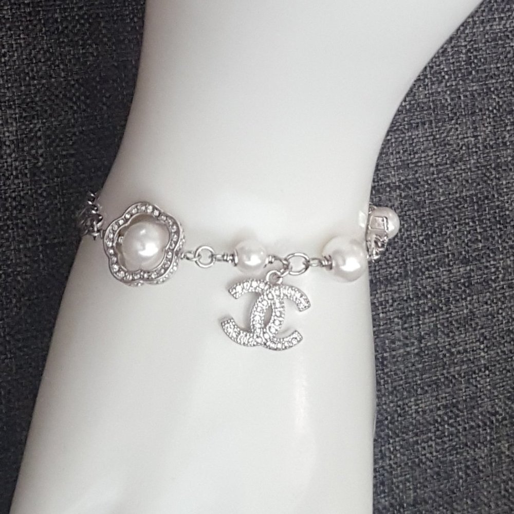 Authentic Chanel CC Pearl Crystal Silver Bracelet